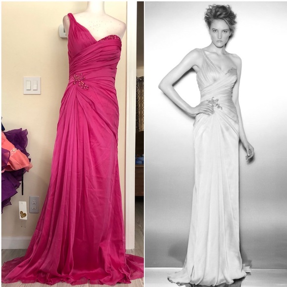 Fuchsia chiffon one shoulder - Picture 3 of 13